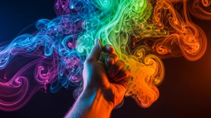 Dynamic hand reaches into swirling colorful smoke, a vibrant and modern design element perfect for technology, creativity, or abstract concepts with a captivating visual appeal