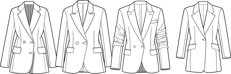 Fashion blazer technical sketch, women’s tailored jacket illustration, vector clothing design template, formal outerwear flat sketch, professional apparel drawing, editable outline graphic