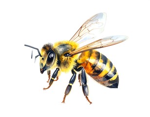 Watercolor illustration of a honeybee with detailed anatomy on a white background