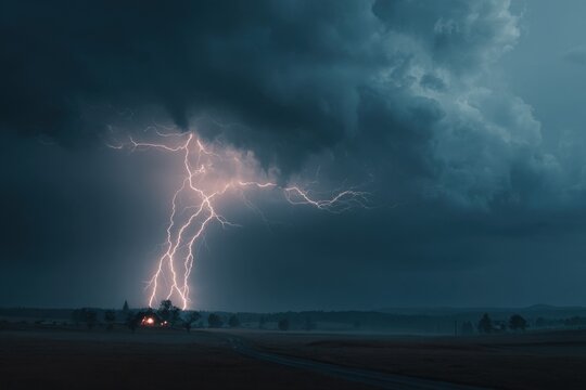 Intense lightning storm illuminates the countryside at night with striking bolts and dramatic clouds