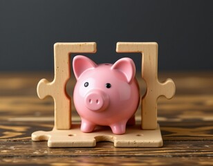 Pink Piggy Bank with Puzzle Frame Wooden Surface
