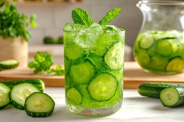 Refreshing cucumber mint sparkling drink with ice