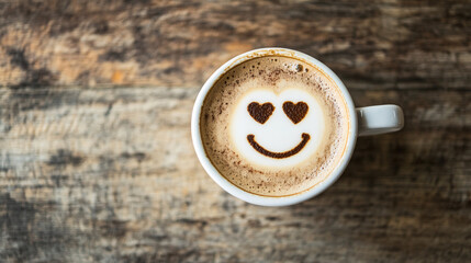 Start the day with love a creamy cappuccino with heart eyes on rustic wood table
