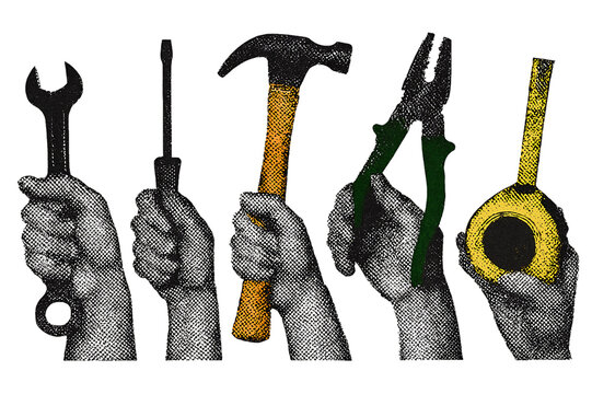 Hands holding tools including a wrench screwdriver hammer pliers and tape measure on transparent background.Modern retro collage vector illustration