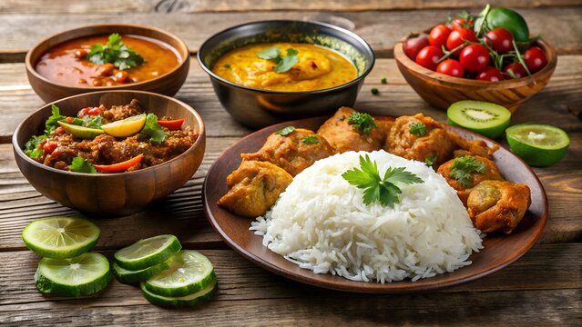 Traditional Bangladeshi Lunch with Rice, Chicken Curry and Salad on Wooden Table