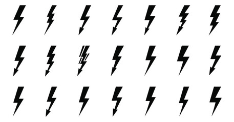 Collection of black lightning bolt icons, isolated on white background