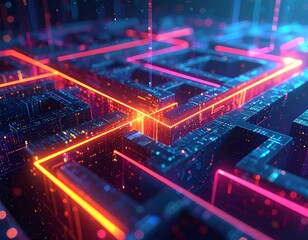A vibrant, close-up abstract depiction with glowing red pathways coursing through a complex, blue, pixelated cityscape. Depth is suggested with bokeh