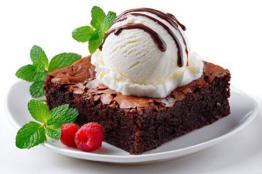 Chocolate brownie dessert with vanilla ice cream and raspberries
