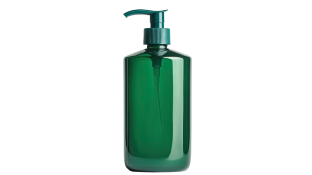 Green bottle of antiseptic hand soap with clear hygienic liquid and clean protective washing purpose shown isolated on white background