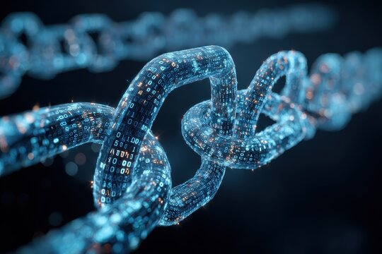 Exploration of a blockchain digital chain constructed from binary code elements illustrating modern technology in a vibrant digital landscape