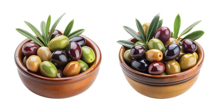 Greek Olive Variety Bowl: PNG of assorted Greek olives—green, black, and kalamata—served in a small ceramic bowl with olive branch beside.