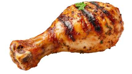 Grilled chicken leg with smoky browned surface and tender savory texture shown clearly in detailed form isolated on white background