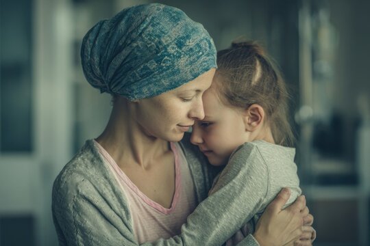 Young child with cancer receiving a warm embrace from mother in hospital setting during emotional support moment