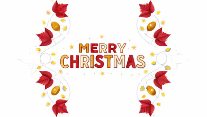 Festive merry christmas greeting with red poinsettia leaves and golden festive lights on a white background