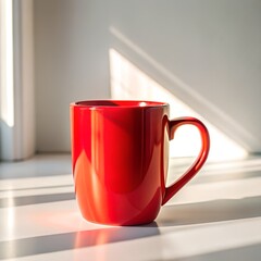 Red Mug on White Background with Morning Light