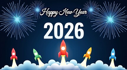 Happy new year 2026 with rockets and fireworks celebration