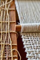 Closeup Traditional Wooden Weaving Loom with Woven Fabric