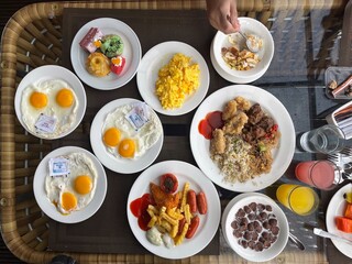 Variety of healthy breakfast menus taken from above