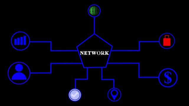 Tech network system infographic showing global connectivity with business related icons - Powered by Adobe