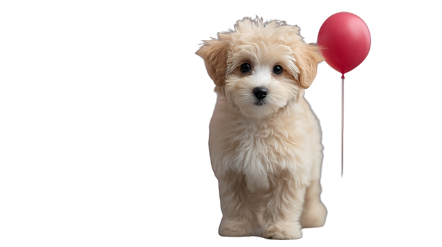 Cream Puppy with Red Balloon: Adorable Fluffy Pet Portrait
