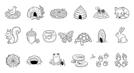 Animal homes and habitats illustrations vector set for kids coloring pages and educational resources