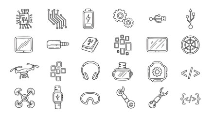 Technology gadgets icons vector illustration set tech elements devices ai robotics and engineering concept 100