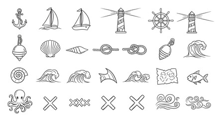 Nautical elements vector set with anchor sailboat lighthouse wheel map octopus and sea themed icons