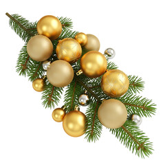 Festive christmas arrangement with golden ornaments and evergreen branch on transparent background