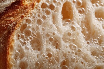 Closeup view of bread texture with air bubbles showing the light and airy structure of freshly baked bread