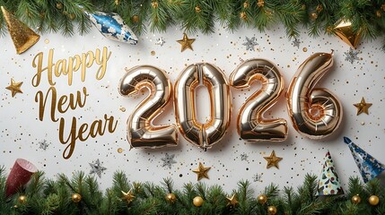 Shiny gold balloons spell out happy new year 2026 with festive decorations