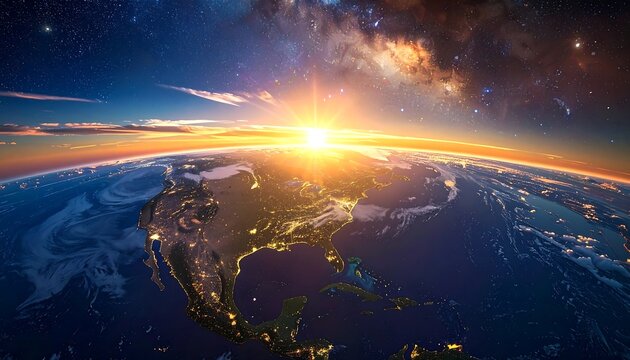 A vibrant image of Earth from space shows the sun rising over the horizon, with North America visible in daylight, stars in the night sky