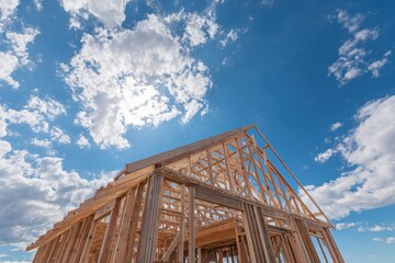 Obraz premium New residential construction framing in progress under a clear blue sky with fluffy clouds