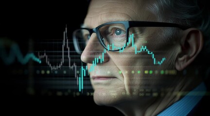 Focused man with glasses analyzing stock market chart for investment strategy and financial growth insights. - Powered by Adobe