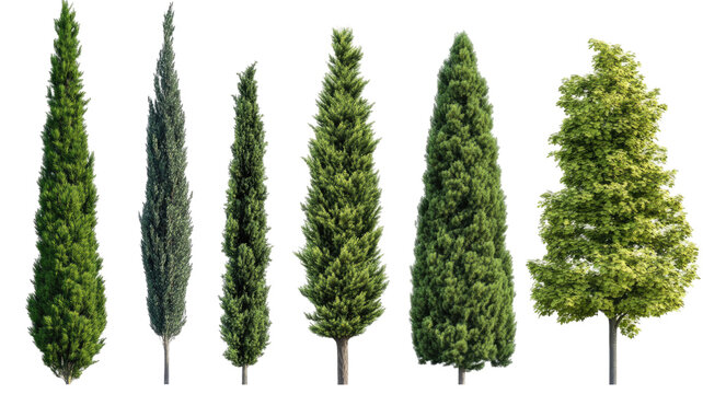 Different types of cypress trees showing varied foliage forms and natural evergreen structure arranged for clear botanical viewing isolated on white background