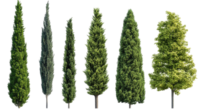 Different types of cypress trees showing varied foliage forms and natural evergreen structure arranged for clear botanical viewing isolated on white background