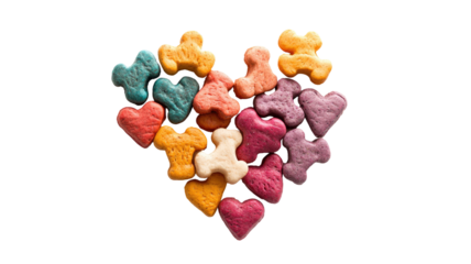 Colorful heart and bone shaped dog treats arranged as playful pet snacks with vibrant mixed textures isolated on white background