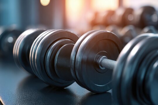 Closeup of dumbbells resting on a fitness floor in a modern gym during morning hours showcasing workout equipment for strength training enthusiasts