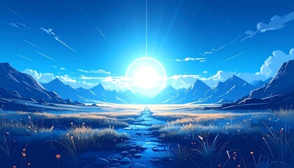 A vibrant sunrise casts a radiant glow over a tranquil landscape, with mountains, fields, a serene river, and soft clouds under the sky