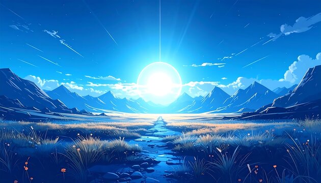 A vibrant sunrise casts a radiant glow over a tranquil landscape, with mountains, fields, a serene river, and soft clouds under the sky