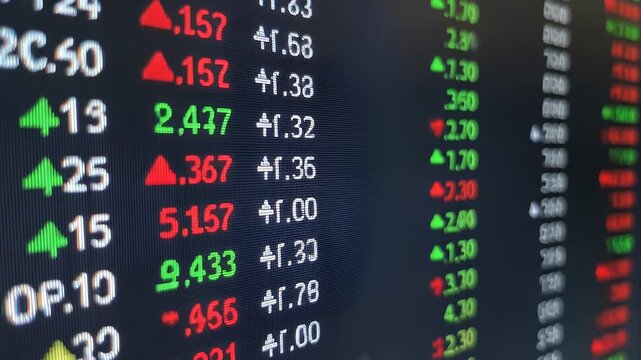 Vibrant digital display illustrating real-time financial market data, showcasing fluctuating stock prices, trading indicators, and investment trends with red and green numbers