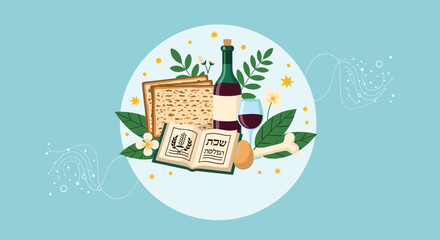 A traditional Passover seder table setting with matzah wine and symbolic items.