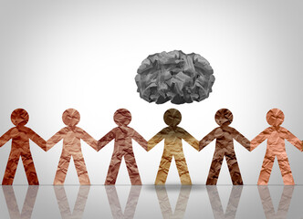 Depressed Person In A Group as a symbol of an isolated person in a group suffering from depression as a social mental health issue with origami dark cloud and paper cut out people.