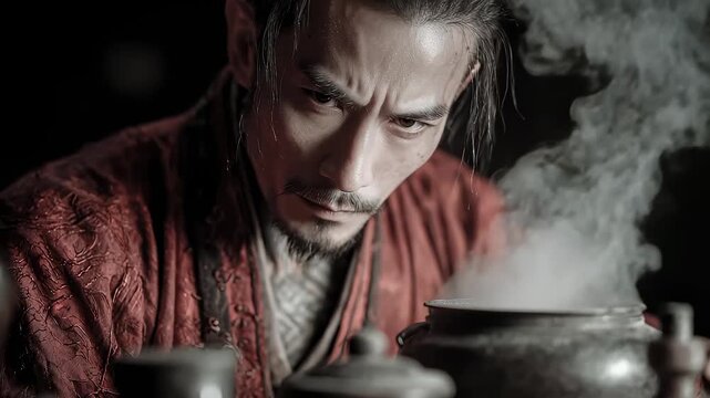 Tang Dynasty Alchemist Concentrating on Elixir Refining with a Serious Expression