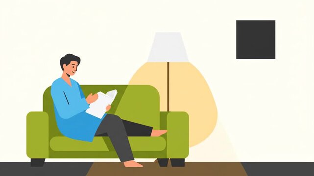 Young man relaxing on a green sofa while reading an interesting book at home.