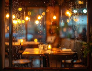 Restaurant Interior Seen Through Rainy Window with Warm Blurred Lights