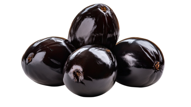Black semi-ripe date palm fruits with natural rich texture and glossy surface showing organic tropical sweetness isolated on white background
