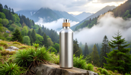 White water bottle - mockup for text or logo, leaning on a rock on a hiking trail, mountains in the background, bright sunny day with clouds