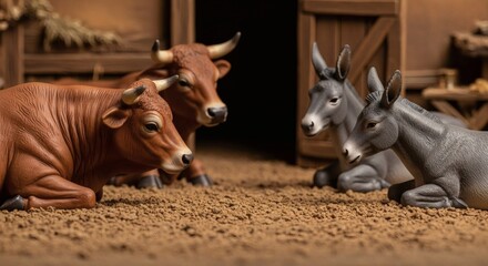 Fototapeta premium Nativity scene figures of a bull and two donkeys resting in a stable, representing the birth of jesus