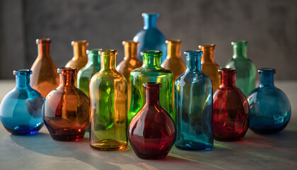 Glass bottle with frosted and tinted finishes in amber, pearl, jade, and terracotta with metallic accents, Luxury product display in 2k resolution
