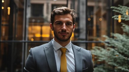 Professional businessman in elegant suit and tie standing outdoors confidently exuding success and style.